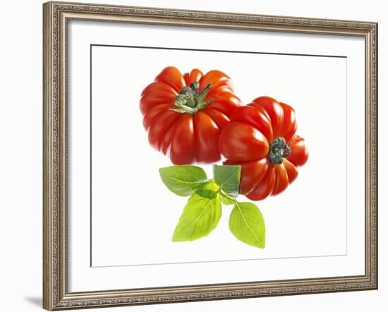 Two Beefsteak Tomatoes with Basil Leaves-Janez Puksic-Framed Photographic Print