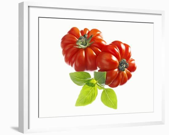 Two Beefsteak Tomatoes with Basil Leaves-Janez Puksic-Framed Photographic Print