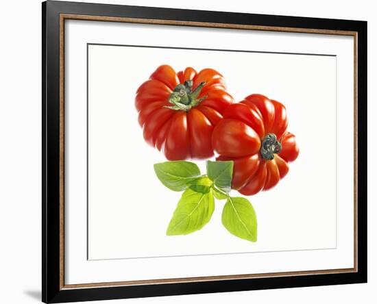 Two Beefsteak Tomatoes with Basil Leaves-Janez Puksic-Framed Photographic Print