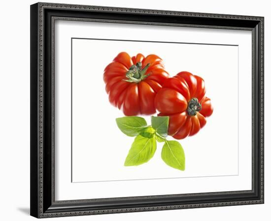 Two Beefsteak Tomatoes with Basil Leaves-Janez Puksic-Framed Photographic Print