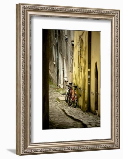 Two Bicycles on Cobblestone Street, Historic Passau, Germany-Sheila Haddad-Framed Photographic Print