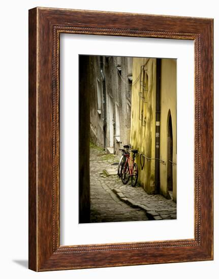 Two Bicycles on Cobblestone Street, Historic Passau, Germany-Sheila Haddad-Framed Photographic Print