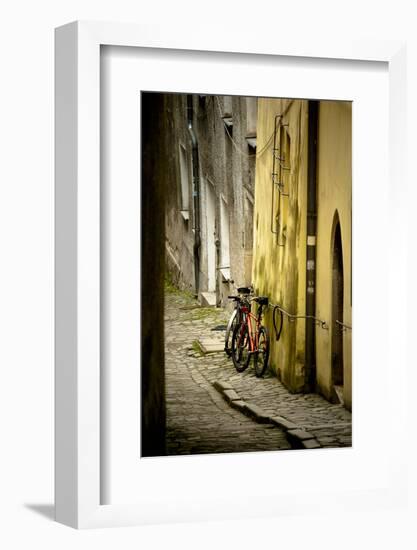 Two Bicycles on Cobblestone Street, Historic Passau, Germany-Sheila Haddad-Framed Photographic Print