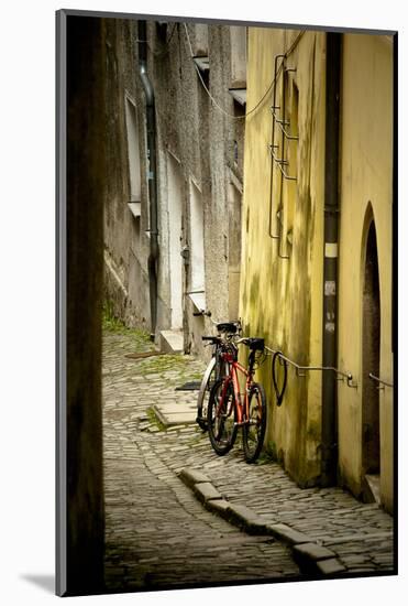 Two Bicycles on Cobblestone Street, Historic Passau, Germany-Sheila Haddad-Mounted Photographic Print