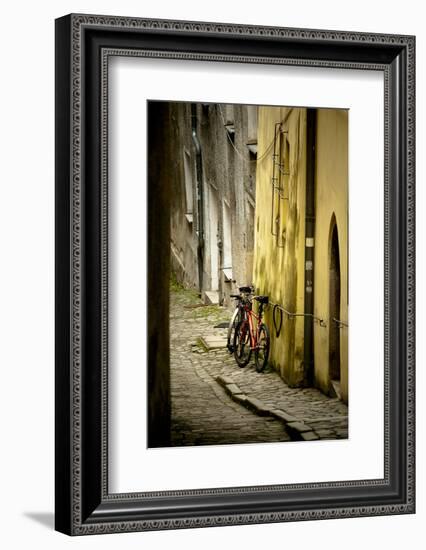 Two Bicycles on Cobblestone Street, Historic Passau, Germany-Sheila Haddad-Framed Photographic Print