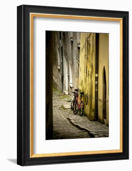 Two Bicycles on Cobblestone Street, Historic Passau, Germany-Sheila Haddad-Framed Photographic Print