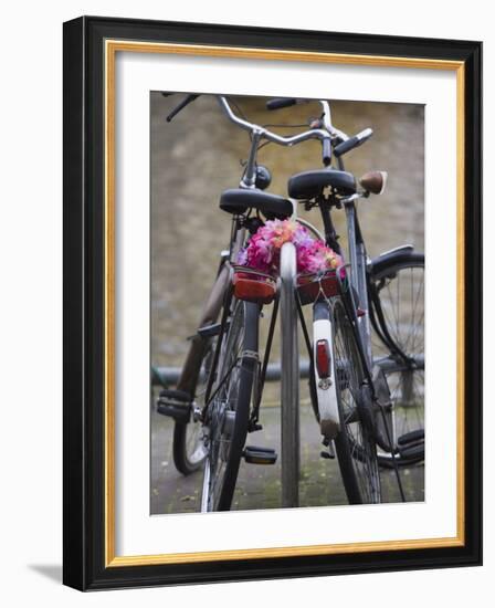 Two Bicycles with a Flower Chain, Amsterdam, Netherlands, Europe-Amanda Hall-Framed Photographic Print