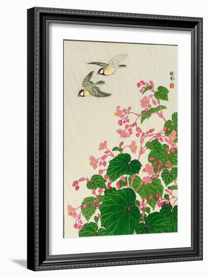 Two Birds and Begonia in Rain-Koson Ohara-Framed Giclee Print