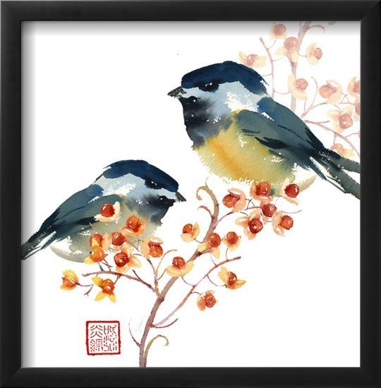 Two Birds on a Branch-null-Framed Art Print