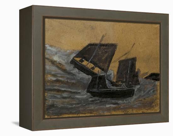 Two Black Boats Sailing up Dark Grey Waves (Oil on Card)-Alfred Wallis-Framed Premier Image Canvas