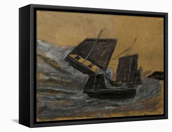 Two Black Boats Sailing up Dark Grey Waves (Oil on Card)-Alfred Wallis-Framed Premier Image Canvas