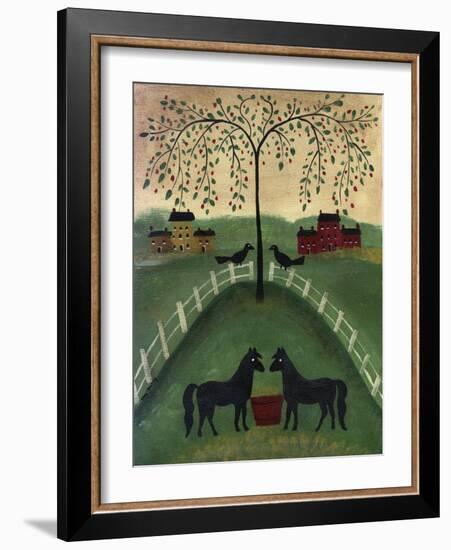 Two Black Horses Under A Willow Tree-Cheryl Bartley-Framed Giclee Print