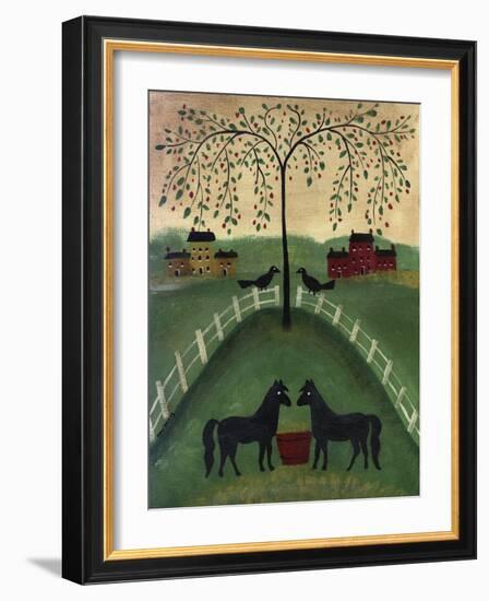 Two Black Horses Under A Willow Tree-Cheryl Bartley-Framed Giclee Print