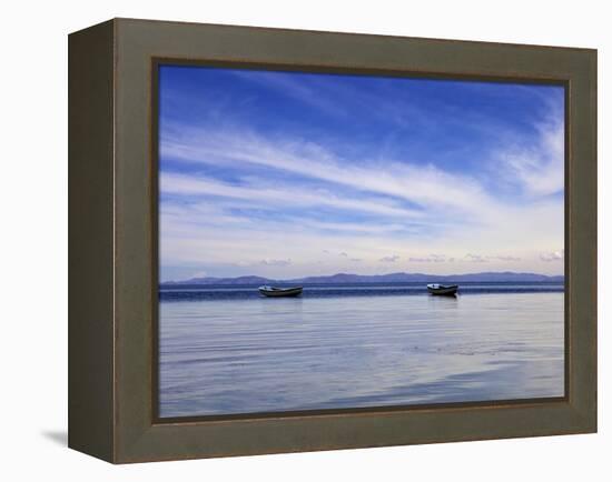 Two Boats on the Lake, Kollabaya, Challapampa, Isla del Sol, Lake Titicaca, Bolivia, South America-Simon Montgomery-Framed Premier Image Canvas