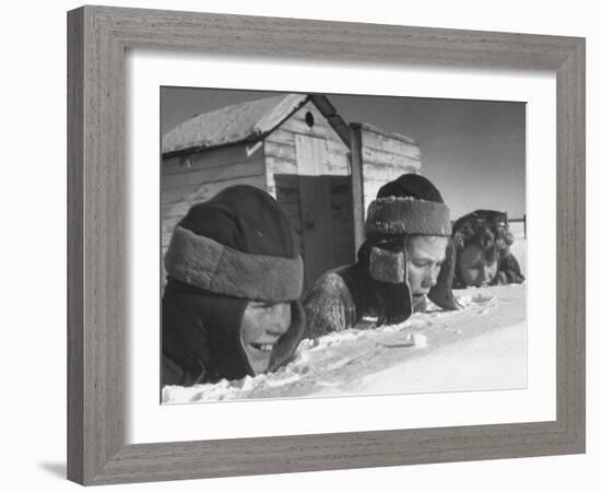 Two Boys and a Girl Up to Their Necks in a Snowdrift,Nibbling at the Snow-George Silk-Framed Photographic Print