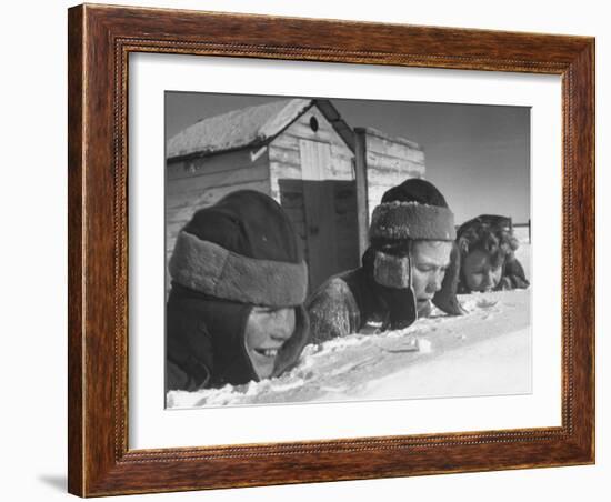 Two Boys and a Girl Up to Their Necks in a Snowdrift,Nibbling at the Snow-George Silk-Framed Photographic Print