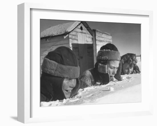 Two Boys and a Girl Up to Their Necks in a Snowdrift,Nibbling at the Snow-George Silk-Framed Photographic Print