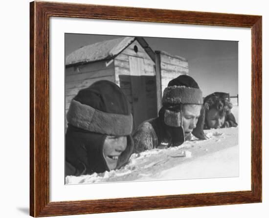 Two Boys and a Girl Up to Their Necks in a Snowdrift,Nibbling at the Snow-George Silk-Framed Photographic Print