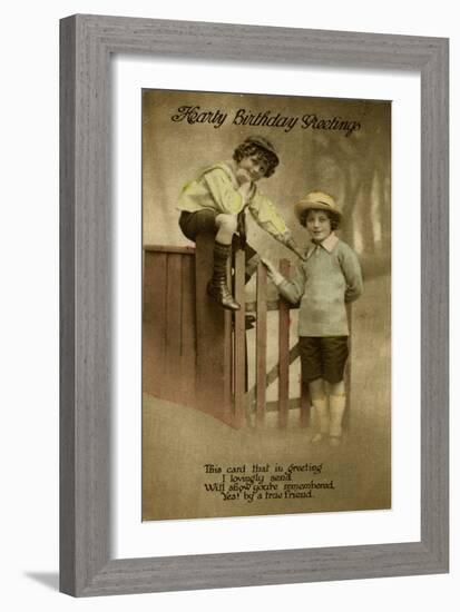 Two Boys at a Garden Gate on a Birthday Postcard-null-Framed Art Print