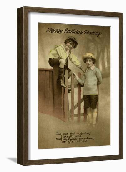 Two Boys at a Garden Gate on a Birthday Postcard-null-Framed Art Print
