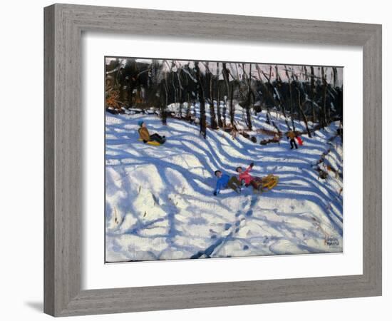 Two Boys Falling Off a Sledge, Morzine-Andrew Macara-Framed Giclee Print