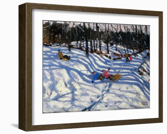 Two Boys Falling Off a Sledge, Morzine-Andrew Macara-Framed Giclee Print