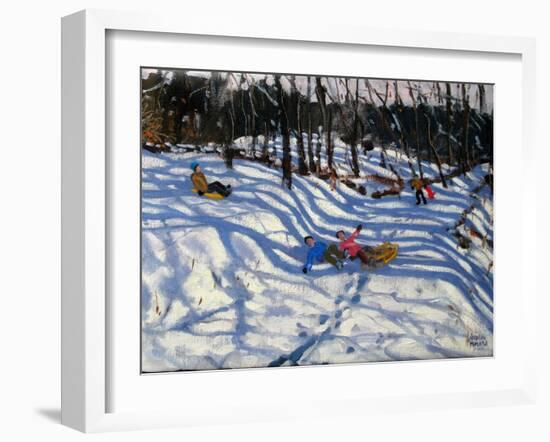 Two Boys Falling Off a Sledge, Morzine-Andrew Macara-Framed Giclee Print