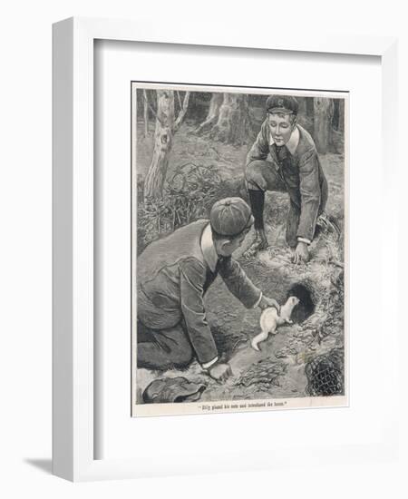 Two Boys in Caps Set a Ferret Down a Rabbit Hole-null-Framed Art Print