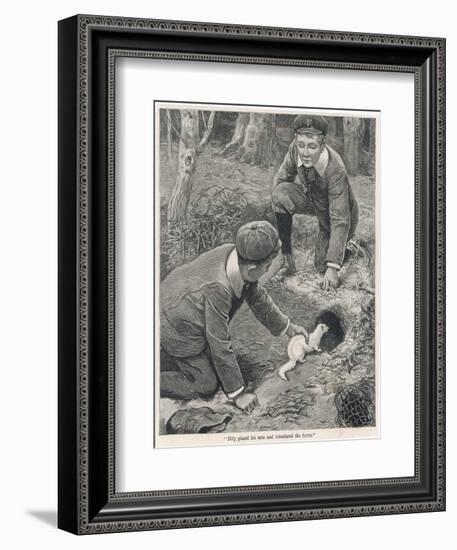 Two Boys in Caps Set a Ferret Down a Rabbit Hole--Framed Art Print