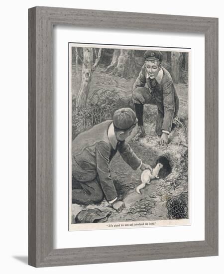 Two Boys in Caps Set a Ferret Down a Rabbit Hole-null-Framed Art Print