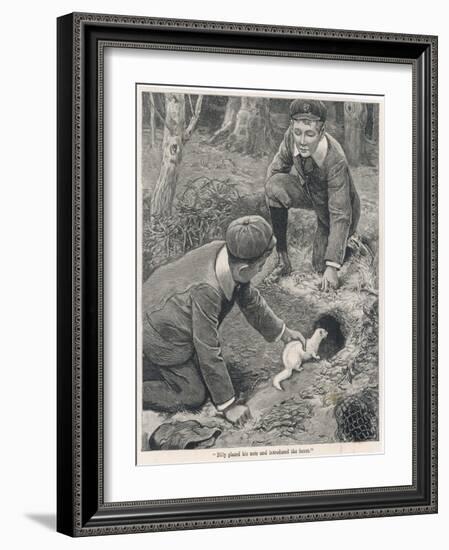 Two Boys in Caps Set a Ferret Down a Rabbit Hole-null-Framed Art Print