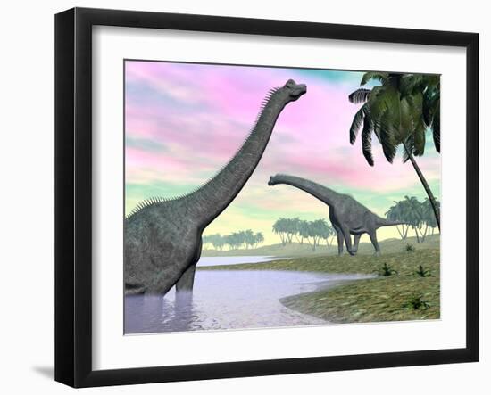 Two Brachiosaurus Dinosaurs in Landscape with Water and Palm Trees-null-Framed Art Print