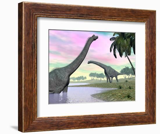 Two Brachiosaurus Dinosaurs in Landscape with Water and Palm Trees-null-Framed Premium Giclee Print