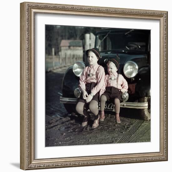 Two Brothers Sit on the Bumper of the Family Mercedes Benz in Germany, Ca. 1949-null-Framed Photographic Print