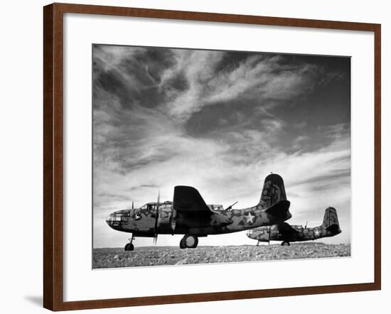 Two Camouflaged A-20 Attack Planes Sitting on Airstrip at American Desert Air Base, WWII-Margaret Bourke-White-Framed Premium Photographic Print