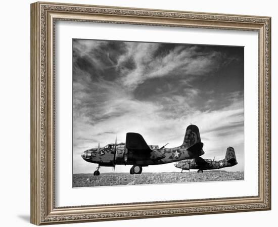 Two Camouflaged A-20 Attack Planes Sitting on Airstrip at American Desert Air Base, WWII-Margaret Bourke-White-Framed Photographic Print