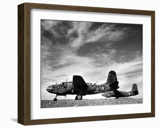 Two Camouflaged A-20 Attack Planes Sitting on Airstrip at American Desert Air Base, WWII-Margaret Bourke-White-Framed Photographic Print