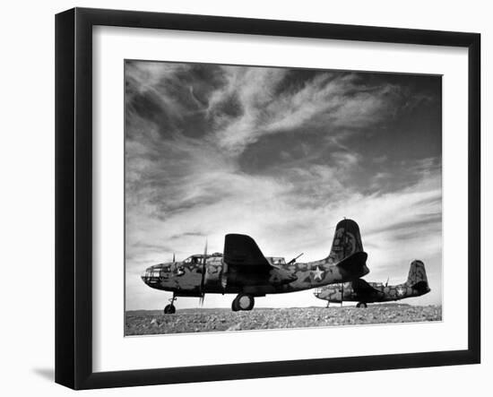 Two Camouflaged A-20 Attack Planes Sitting on Airstrip at American Desert Air Base, WWII-Margaret Bourke-White-Framed Photographic Print