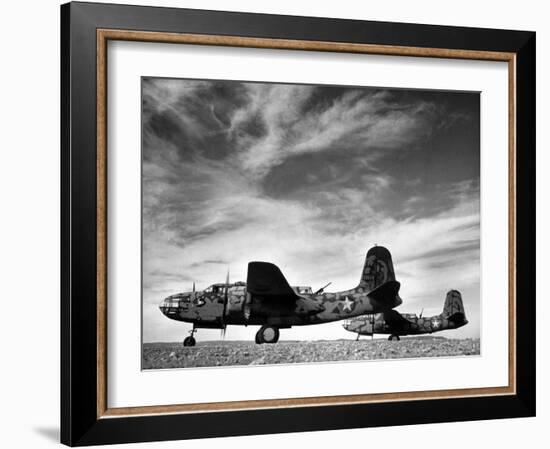 Two Camouflaged A-20 Attack Planes Sitting on Airstrip at American Desert Air Base, WWII-Margaret Bourke-White-Framed Photographic Print