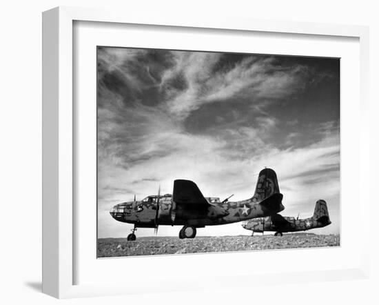 Two Camouflaged A-20 Attack Planes Sitting on Airstrip at American Desert Air Base, WWII-Margaret Bourke-White-Framed Photographic Print