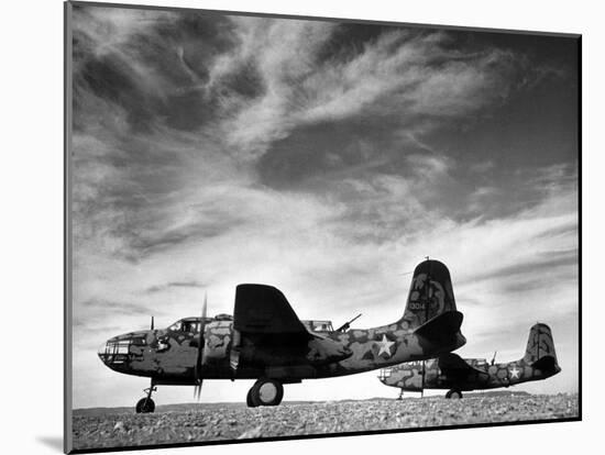 Two Camouflaged A-20 Attack Planes Sitting on Airstrip at American Desert Air Base, WWII-Margaret Bourke-White-Mounted Photographic Print
