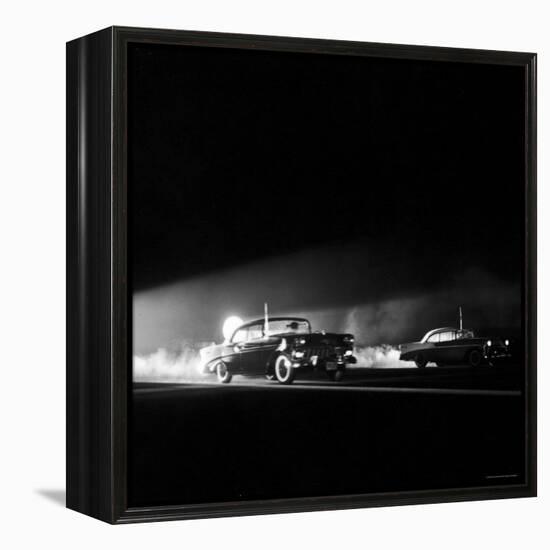 Two Cars in Drag Race-Hank Walker-Framed Premier Image Canvas