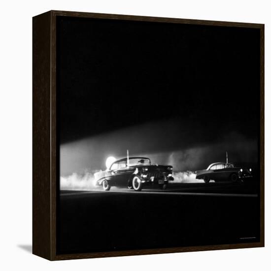 Two Cars in Drag Race-Hank Walker-Framed Premier Image Canvas