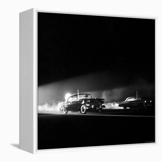 Two Cars in Drag Race-Hank Walker-Framed Premier Image Canvas