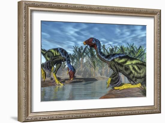 Two Caudipteryx Dinosaurs Drinking from a River-Stocktrek Images-Framed Art Print