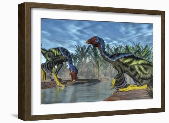 Two Caudipteryx Dinosaurs Drinking from a River-Stocktrek Images-Framed Art Print