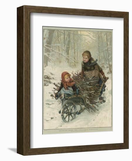 Two Children Bring Home a Barrow-Load of Firewood for the Christmas Fire-E. Blume-Framed Photographic Print