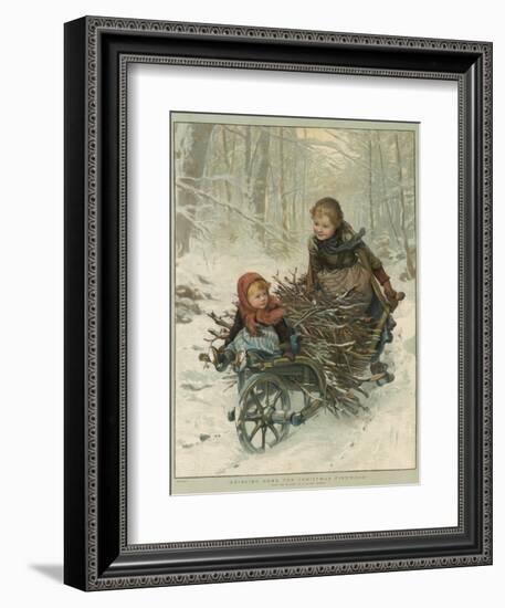 Two Children Bring Home a Barrow-Load of Firewood for the Christmas Fire-E. Blume-Framed Photographic Print