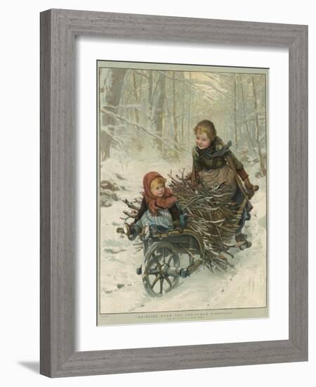 Two Children Bring Home a Barrow-Load of Firewood for the Christmas Fire-E. Blume-Framed Photographic Print