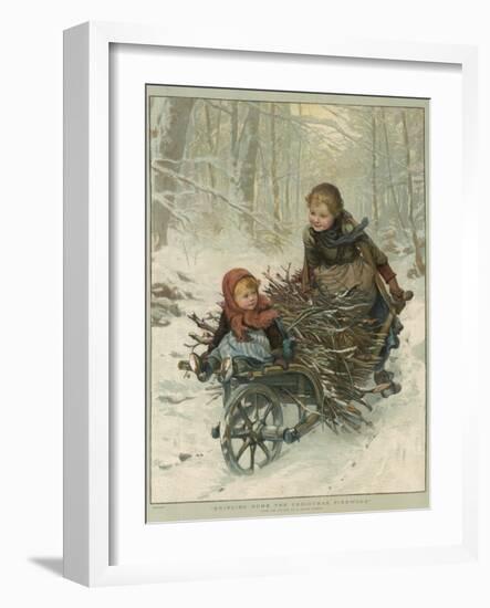 Two Children Bring Home a Barrow-Load of Firewood for the Christmas Fire-E. Blume-Framed Photographic Print